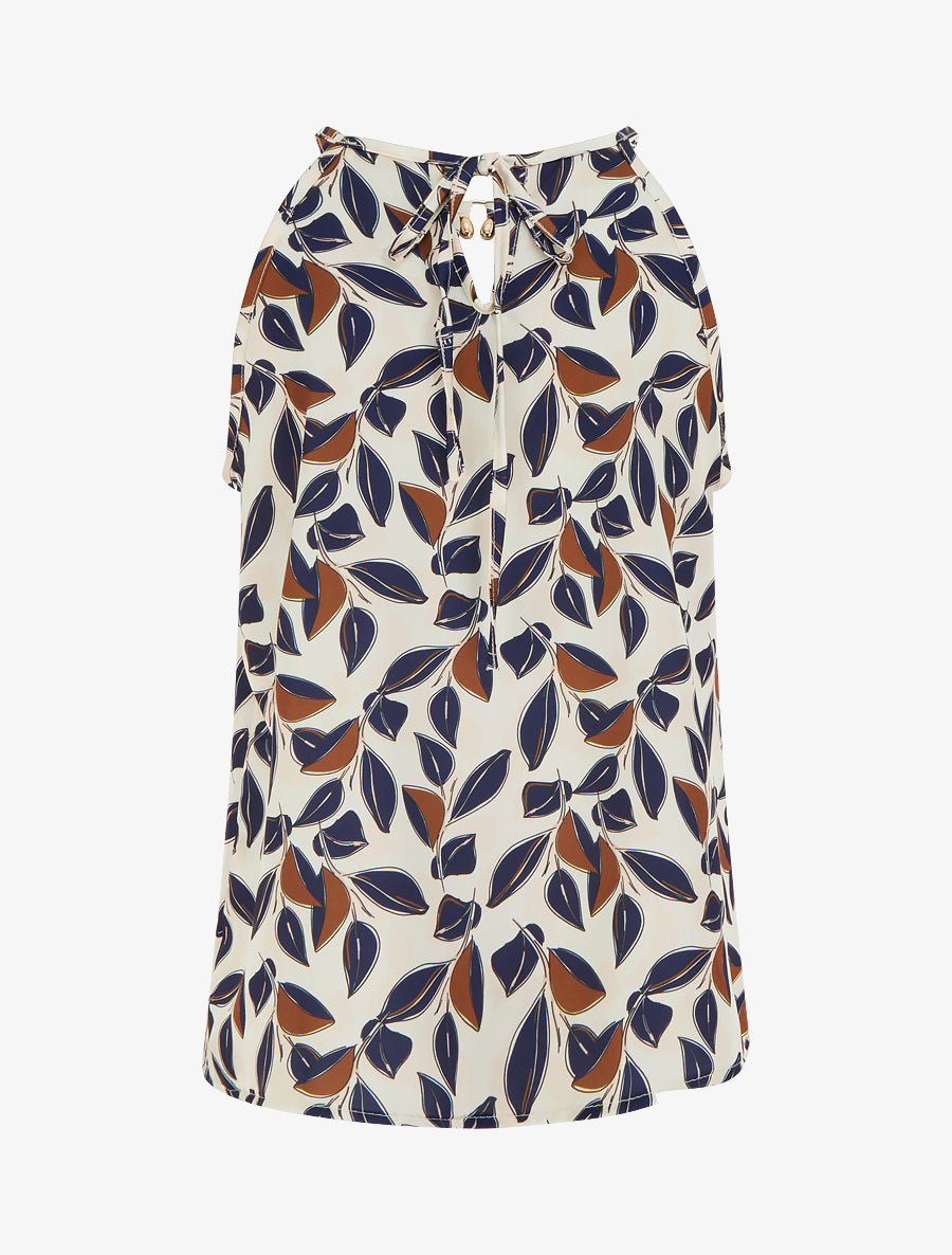 Top satiné sans manches imprimé feuilles - Marine - 2