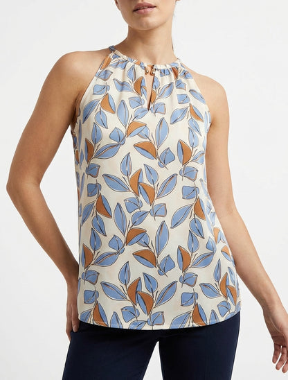 Top satinado sin mangas estampado con hojas - Azul cielo