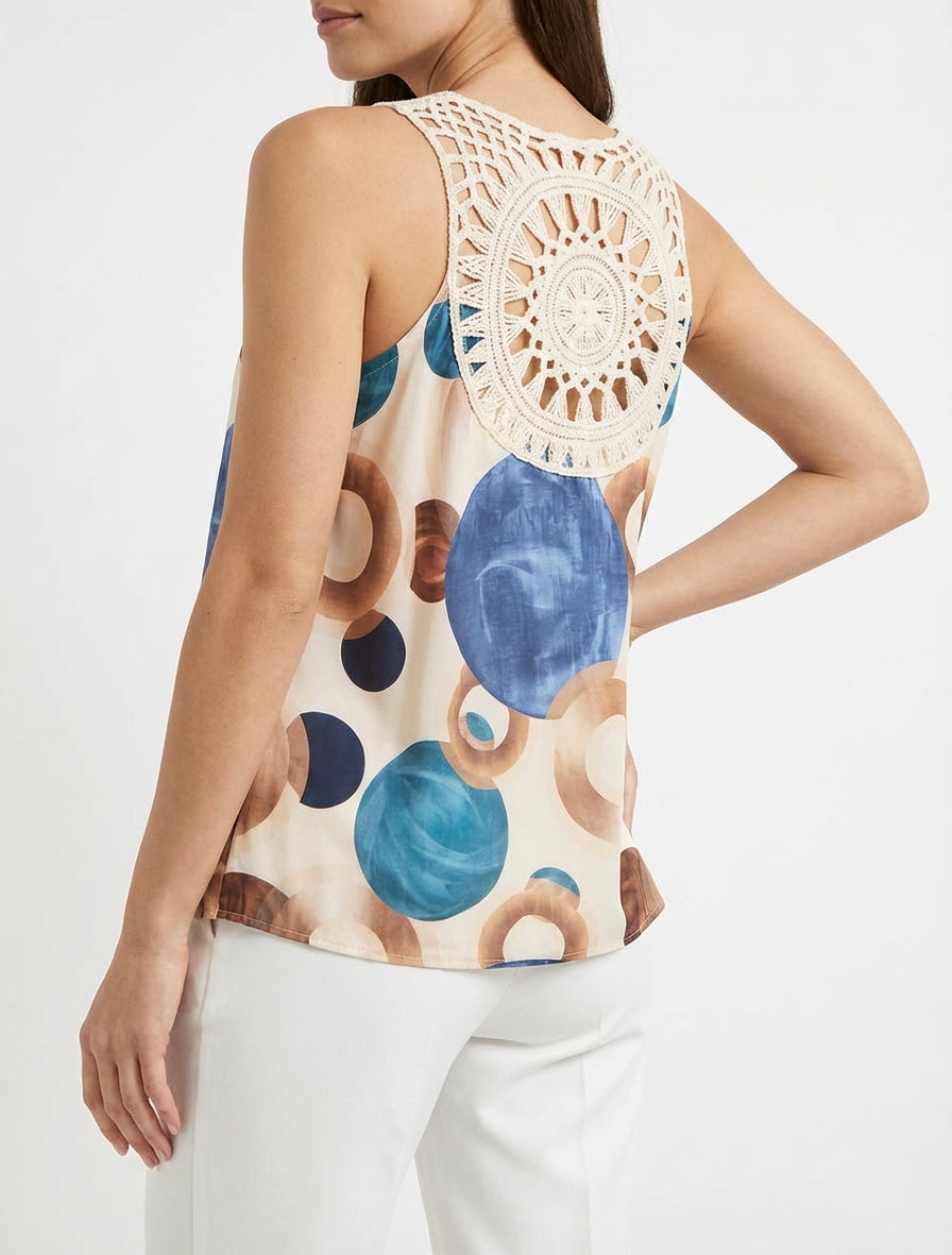 Top estampado gráfico con inserción de crochet - Azul oscuro