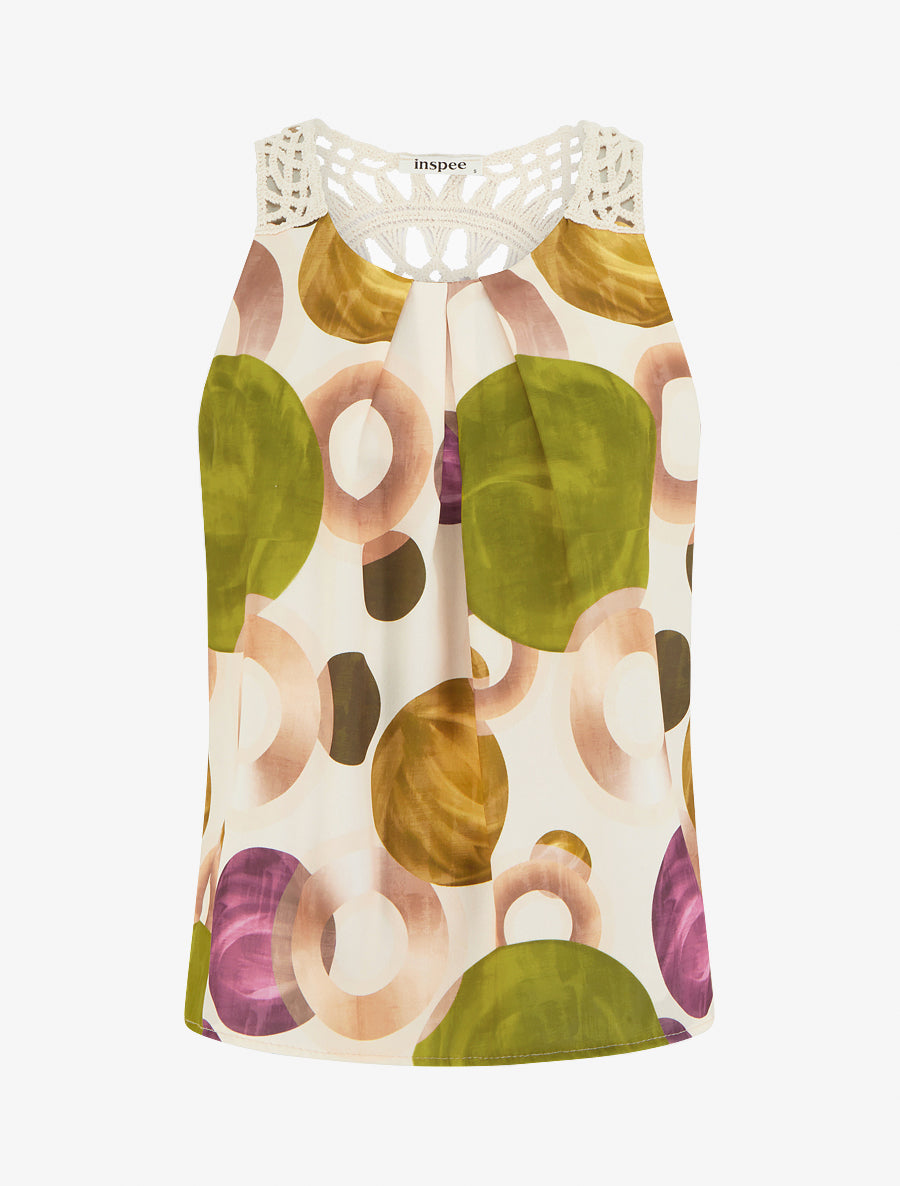 Top imprimé graphique à empiècement en crochet - Vert olive - 1