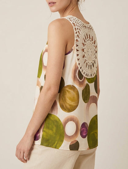 Top estampado gráfico con inserción de crochet - Verde oliva