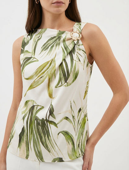 Top satinado con estampado de hojas y tirante con joya - Caqui
