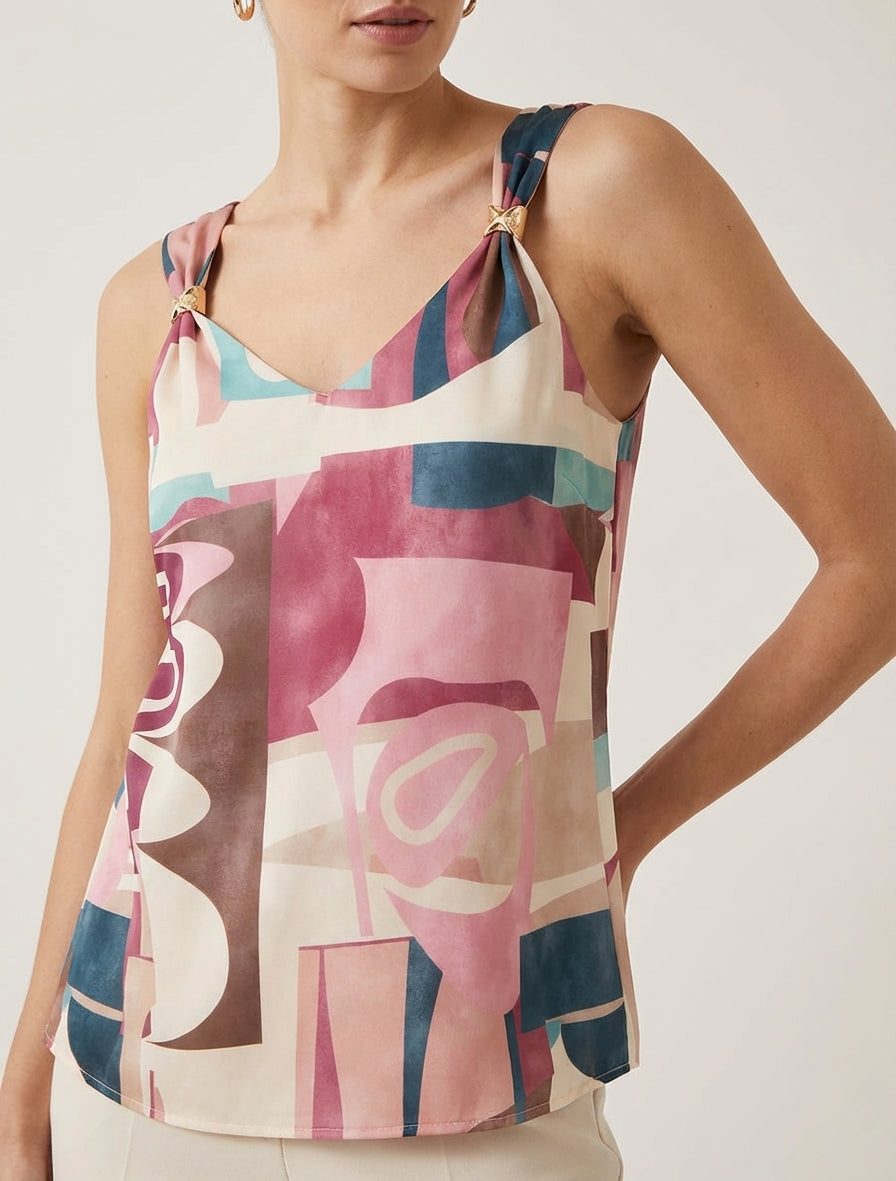 Top derecho estampado gráfico con tirantes de joya - Rosa