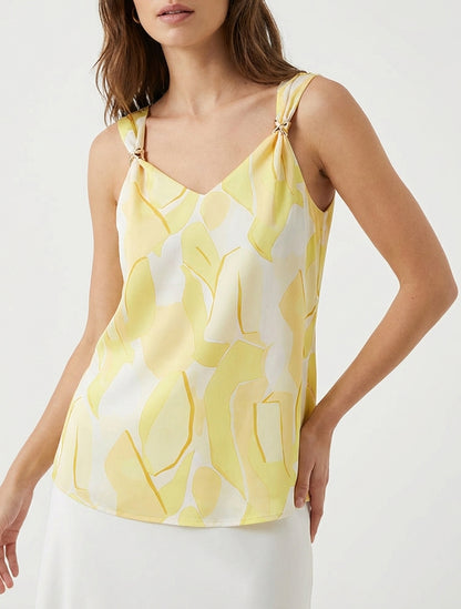 Top satinado con estampado abstracto y joya - Amarillo
