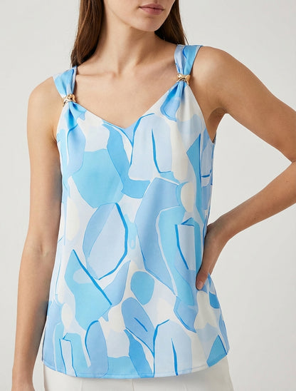Top satinado con estampado abstracto y joya - Azul cielo