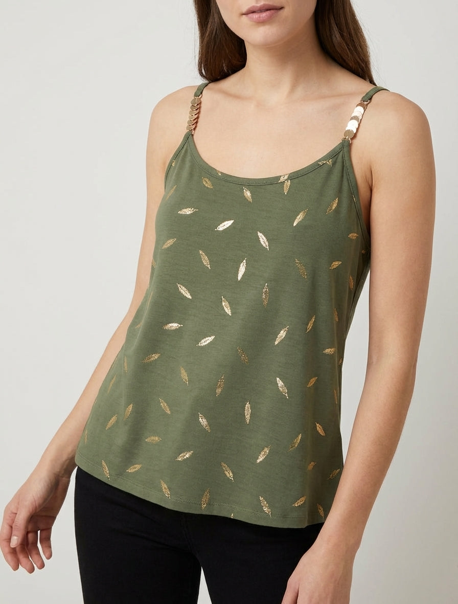 Camiseta de tirantes con joyas e impresión de plumas. - Caqui
