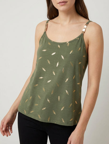 Camiseta de tirantes con joyas e impresión de plumas. - Caqui