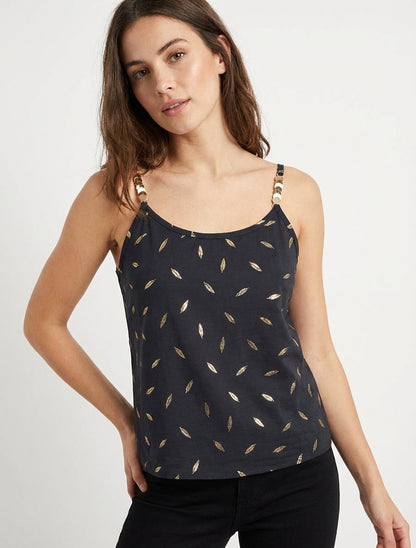 Camiseta de tirantes con joyas e impresión de plumas. - Negro