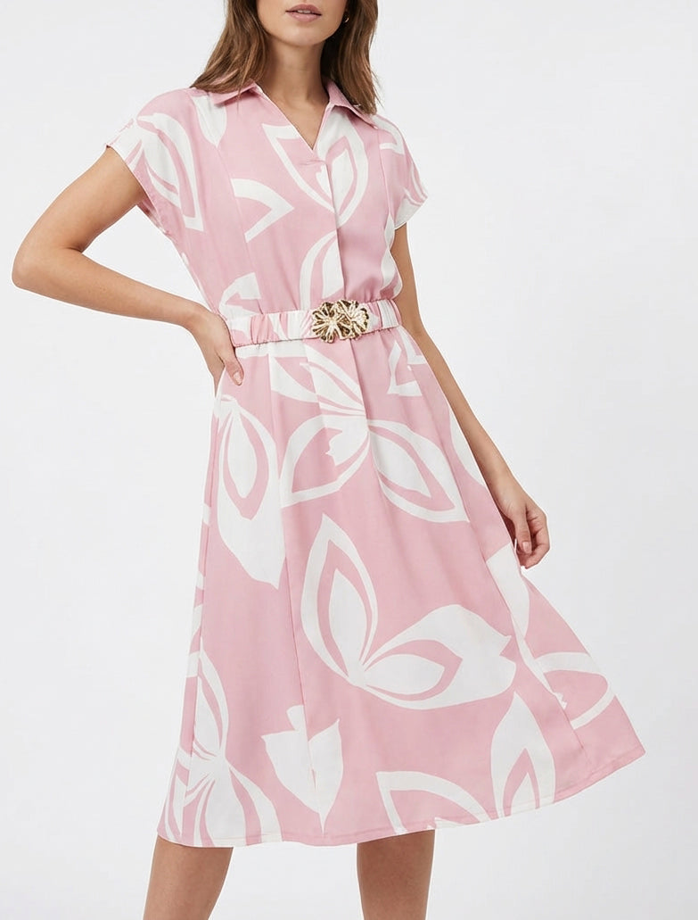 Vestido recto con cinturón - Rosa