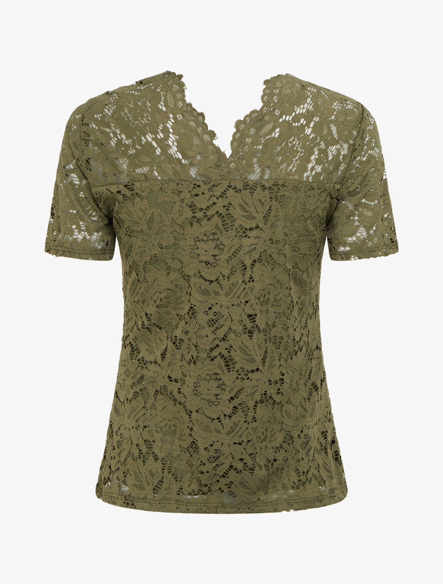 Top en dentelle à manches courtes - Kaki - 2