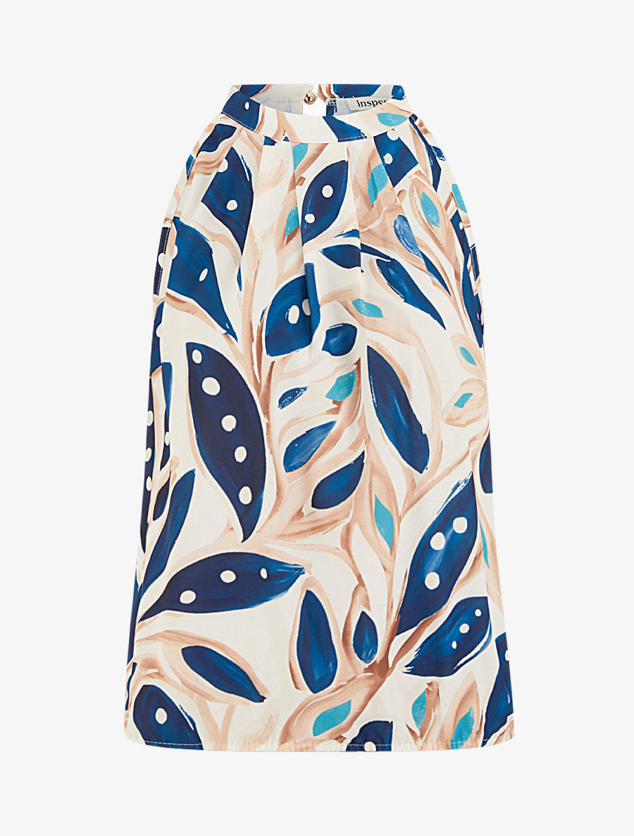 Top boule à col américain imprimé végétal - Marine - 1