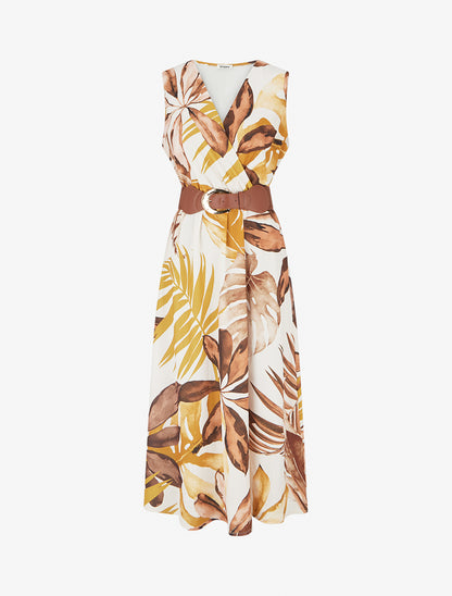 Robe sans manches imprimé feuillage - Jaune moutarde - 1