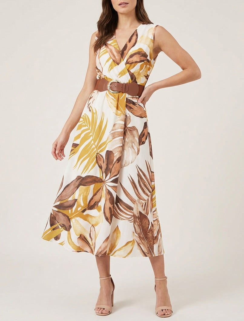 Vestido sin mangas estampado de hojas - Amarillo mostaza