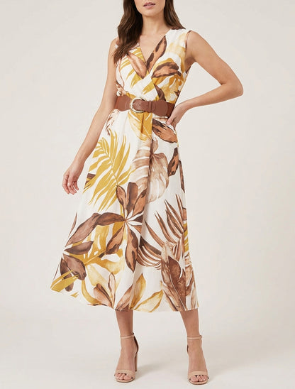 Vestido sin mangas estampado de hojas - Amarillo mostaza