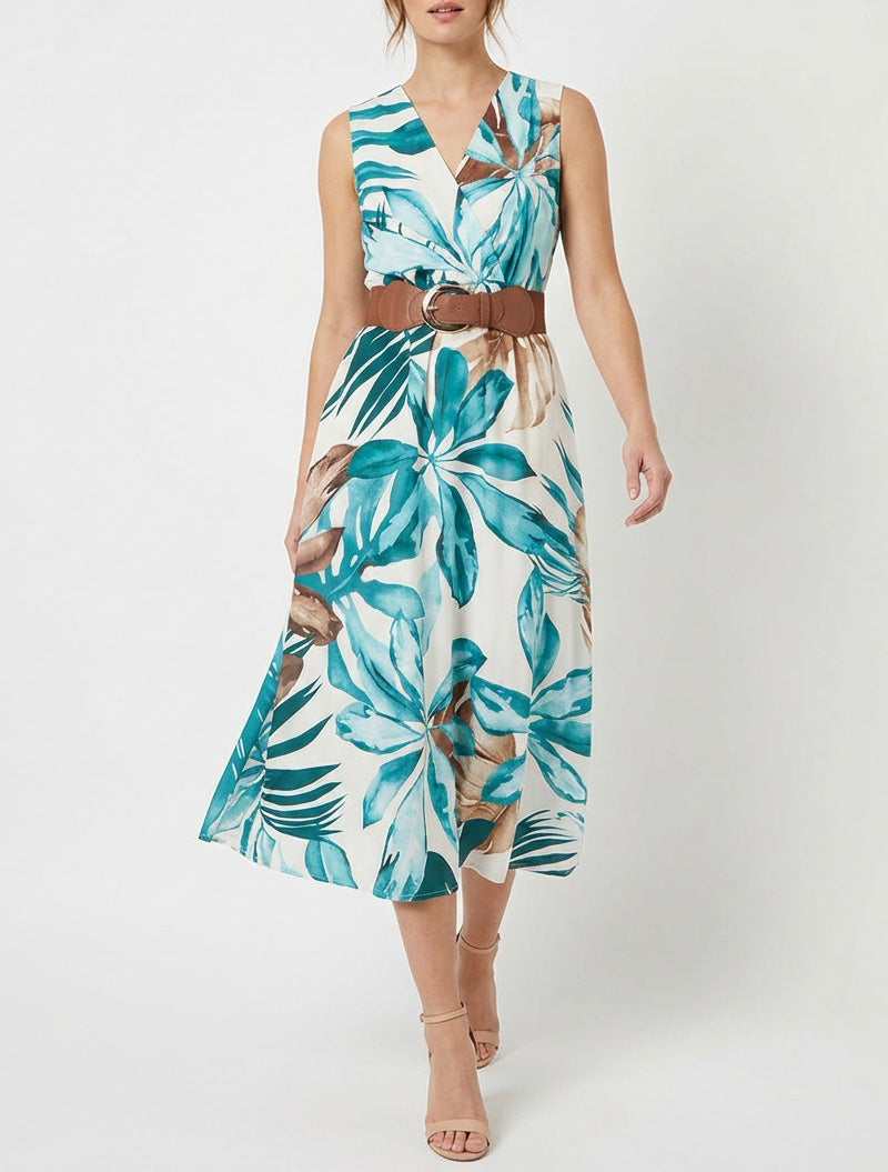 Vestido sin mangas estampado de hojas - Azul pato