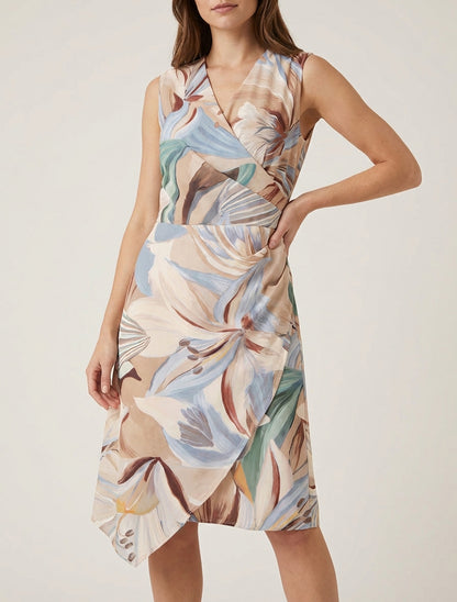 Vestido estilo cruzado sin mangas con estampado de flores de lis - Beis