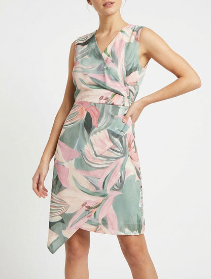 Vestido estilo cruzado sin mangas con estampado de flores de lis - Caqui