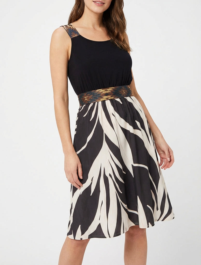Vestido estampado gráfico con cintura elástica de fantasía - Negro