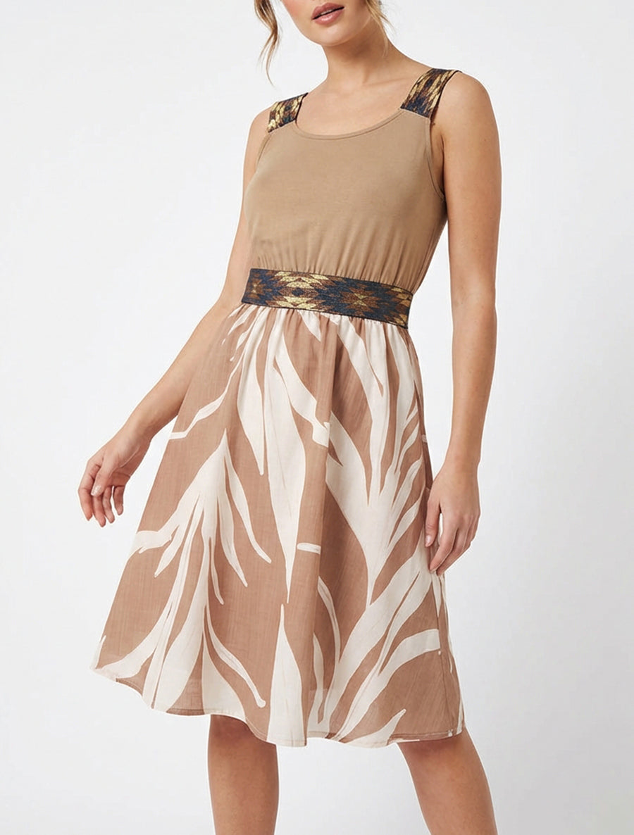 Vestido estampado gráfico con cintura elástica de fantasía - Camello