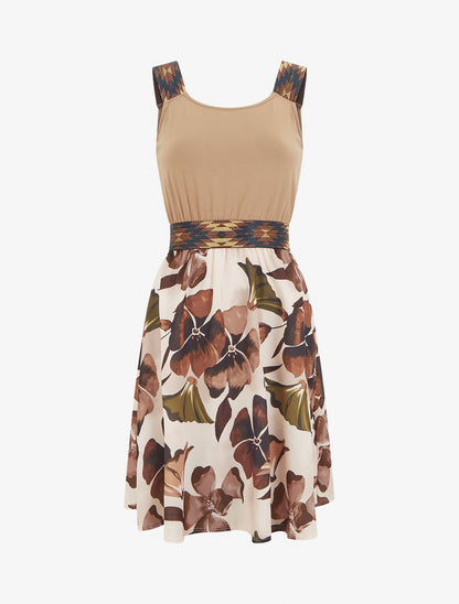 Robe imprimé floral à taille élastiquée fantaisie - Camel - 1