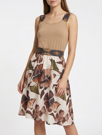 Vestido estampado floral con cintura elástica de fantasía - Camello
