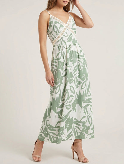 Vestido floreado con inserto de bordado - Caqui