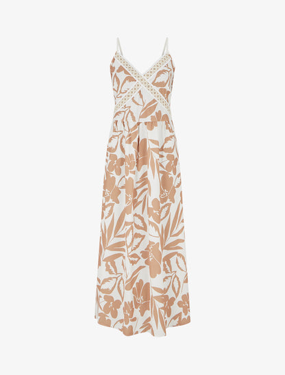 Robe fleurie à empiècement broderie - Camel - 1