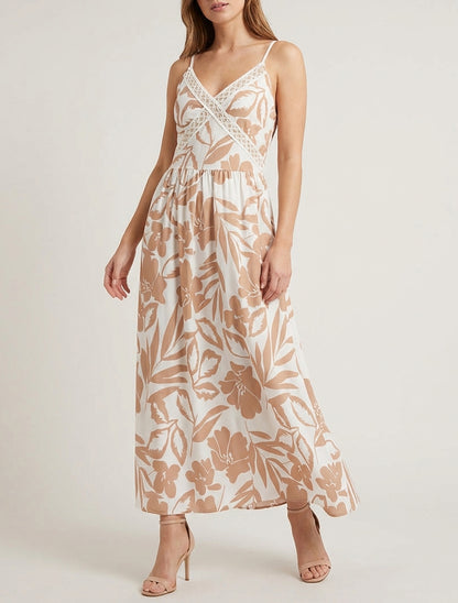 Vestido floreado con inserto de bordado - Camello