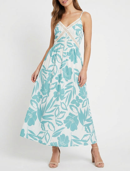 Vestido floreado con inserto de bordado - Turquesa