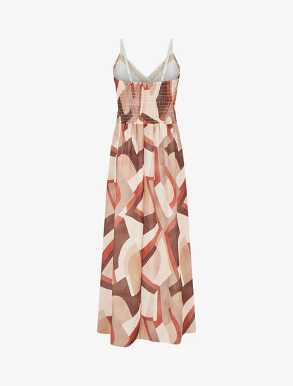 Robe imprimé graphique à empiècement broderie - Camel - 2