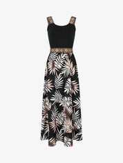Robe imprimé feuillage à bretelles stylisées - Noir - 1