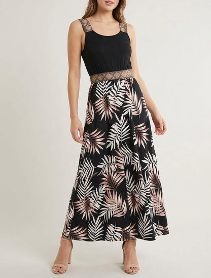Vestido con estampado de hojas y tirantes estilizados - Negro