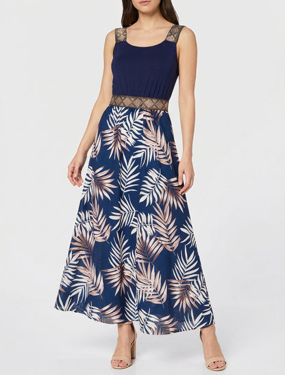 Vestido con estampado de hojas y tirantes estilizados - Marine