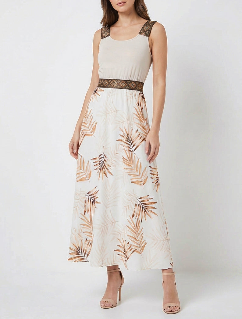 Vestido con estampado de hojas y tirantes estilizados - Beis