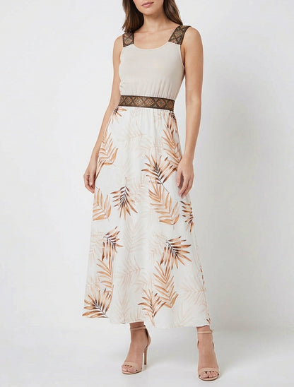 Vestido con estampado de hojas y tirantes estilizados - Beis
