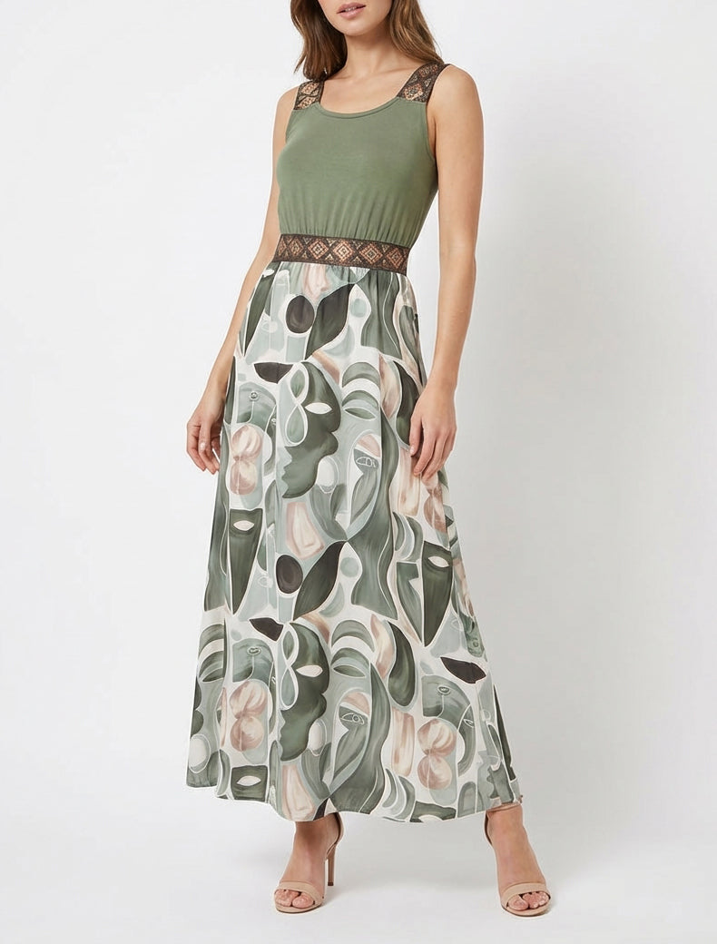 Vestido con estampado de pintura abstracta y tirantes estilizados - Caqui