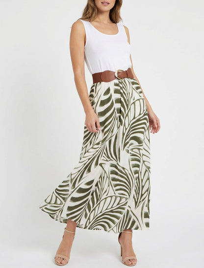 Vestido largo sin mangas estampado de hojas - Caqui