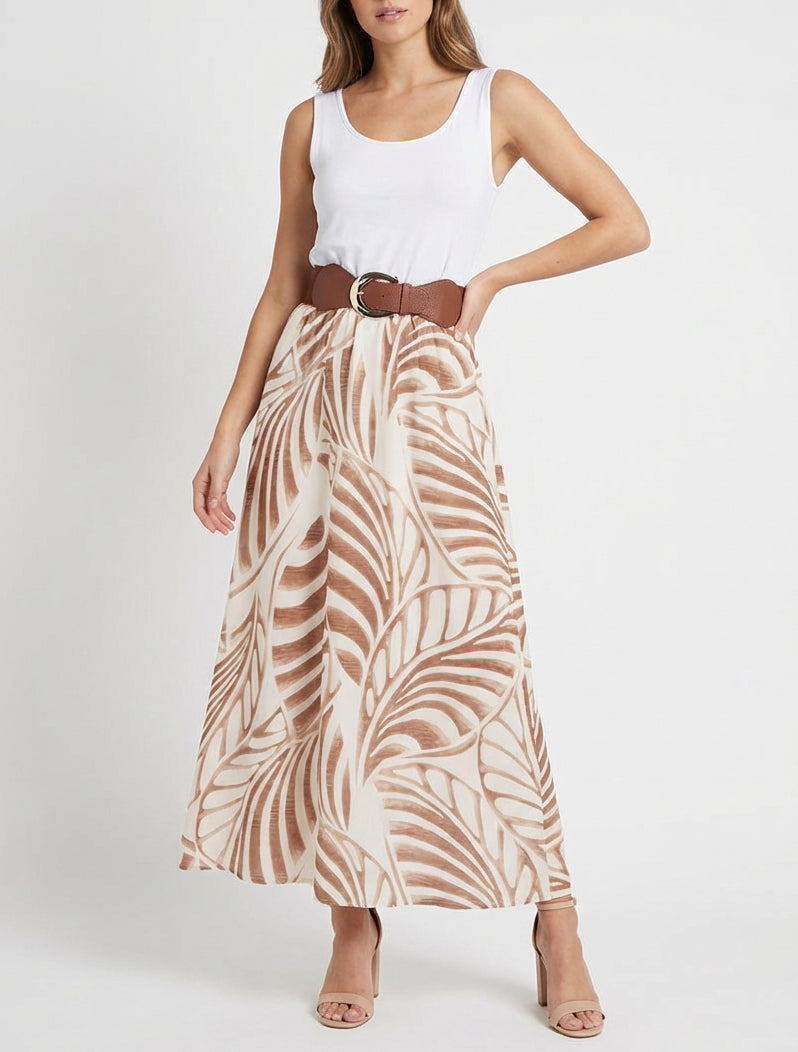 Vestido largo sin mangas estampado de hojas - Beige oscuro