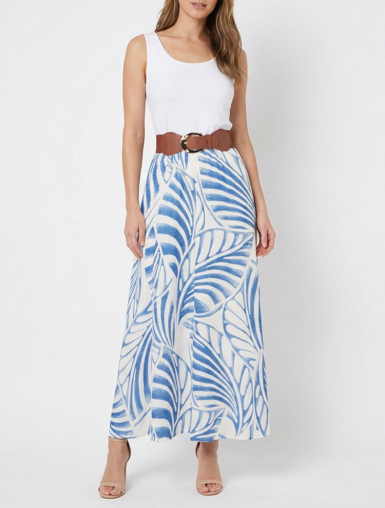 Vestido largo sin mangas estampado de hojas - Azul claro
