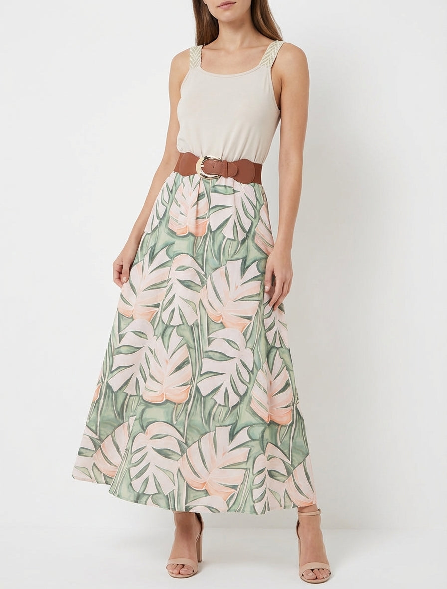 Vestido largo estampado de hojas - Beis