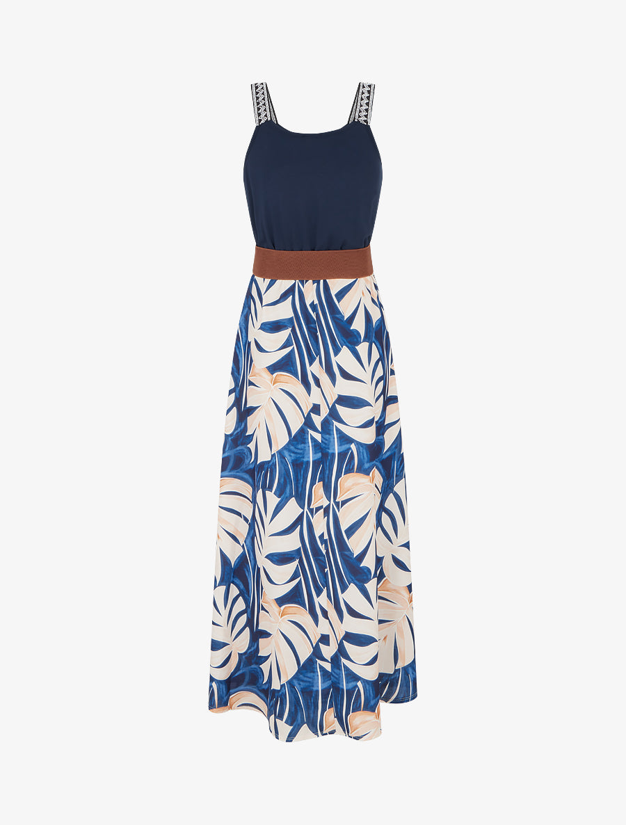 Robe longue imprimé feuillage - Marine - 2