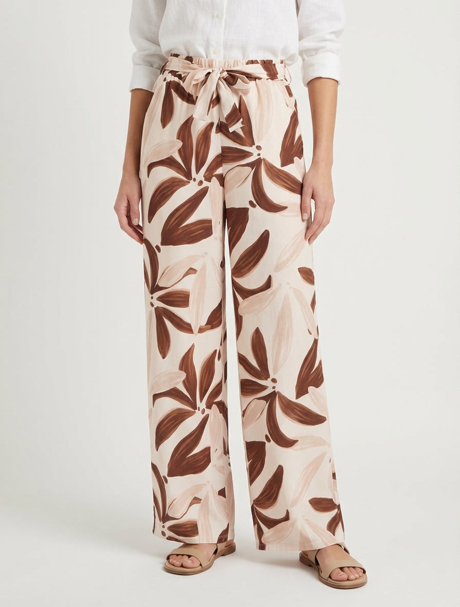 Pantalón elástico con estampado floral - Beis