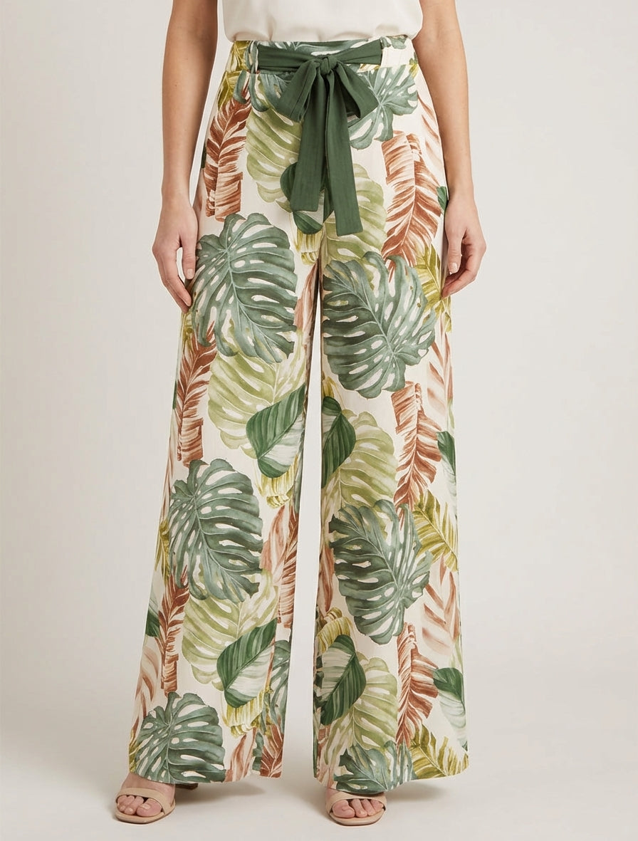 Pantalón holgado estampado tropical - Caqui