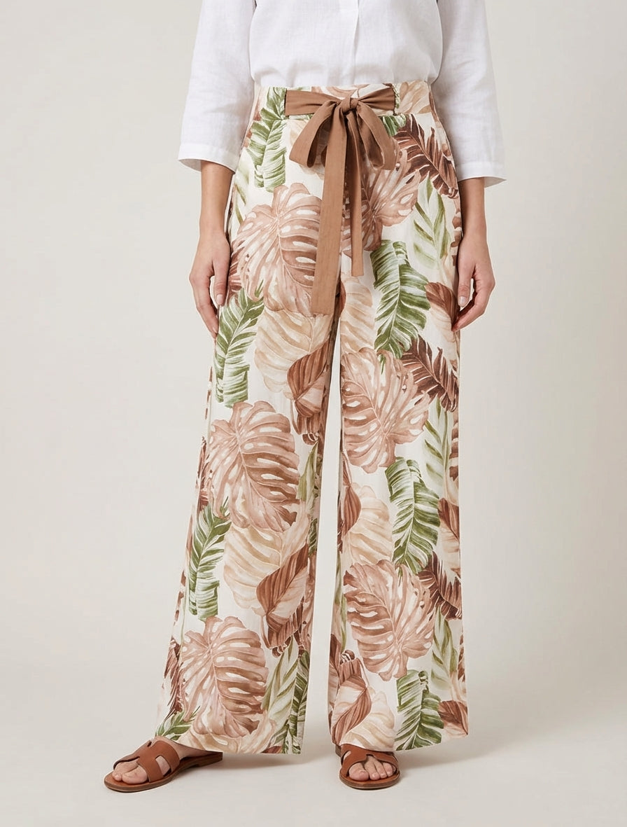 Pantalón holgado estampado tropical - Marrón