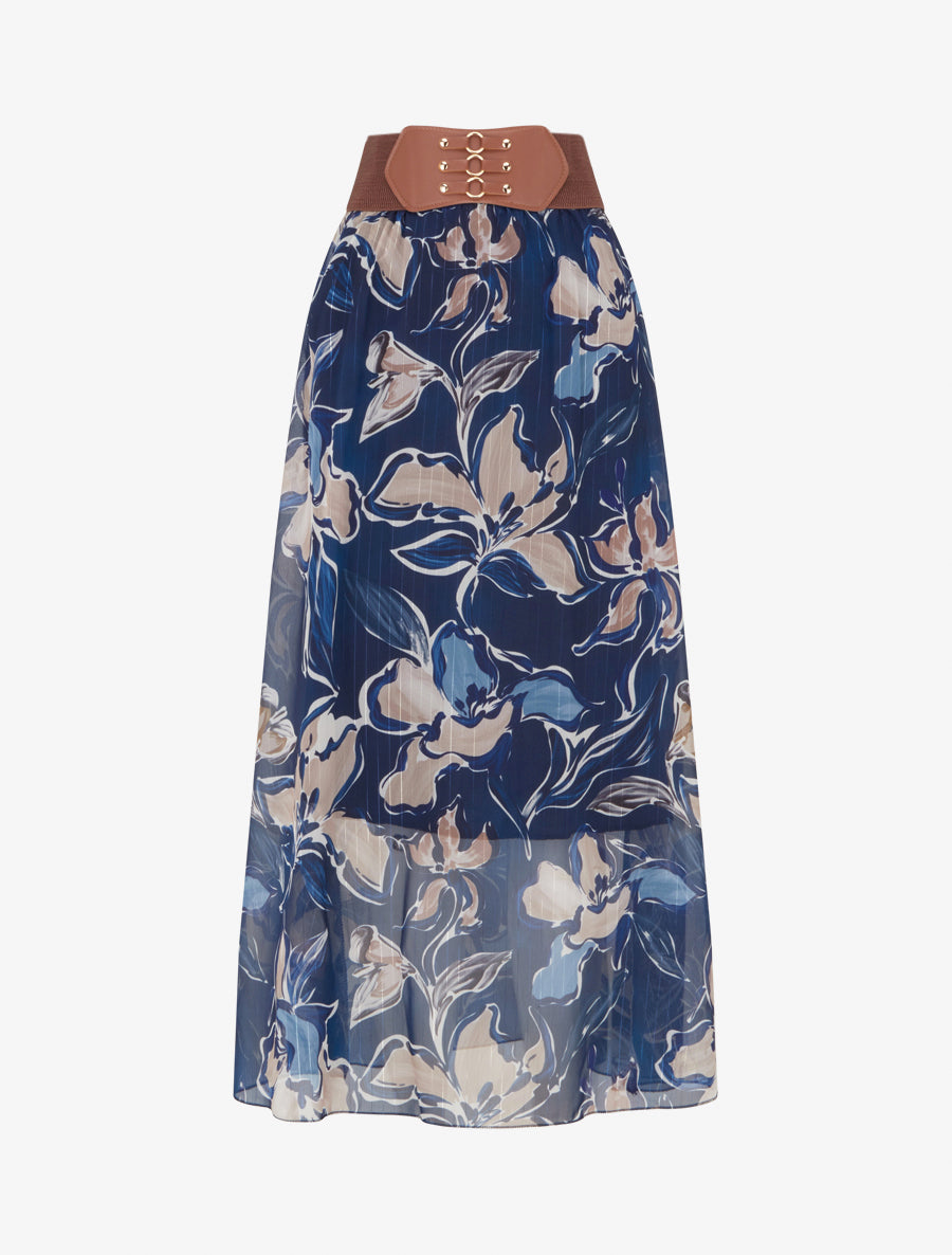 Jupe longue imprimé fleuri à rayures irisées - Marine - 1