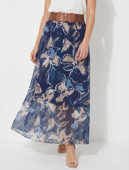 Falda larga estampada de flores con rayas irisadas - Marine