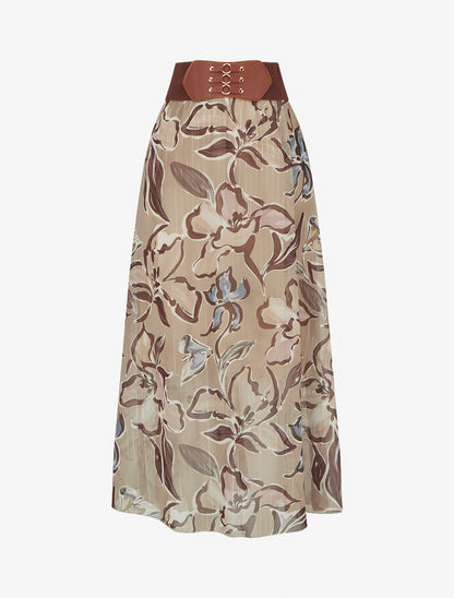 Jupe longue imprimé fleuri à rayures irisées - Beige - 1
