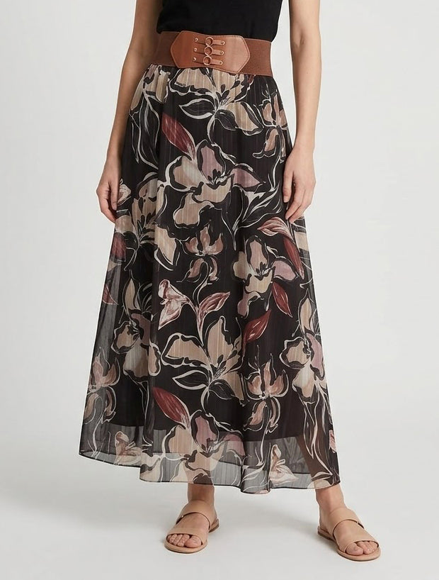 Falda larga estampada de flores con rayas irisadas - Negro
