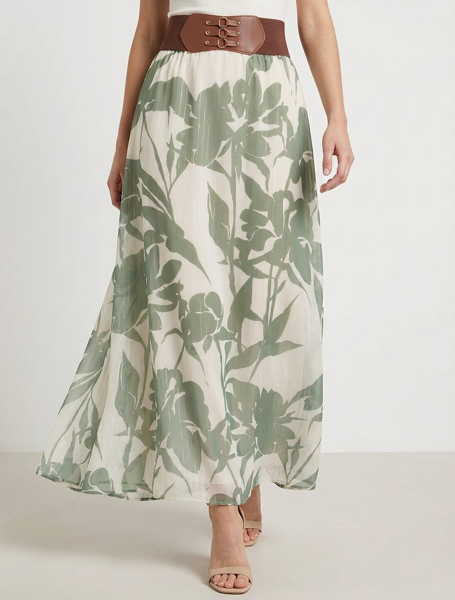 Falda larga estampado floral con rayas irisadas - Caqui