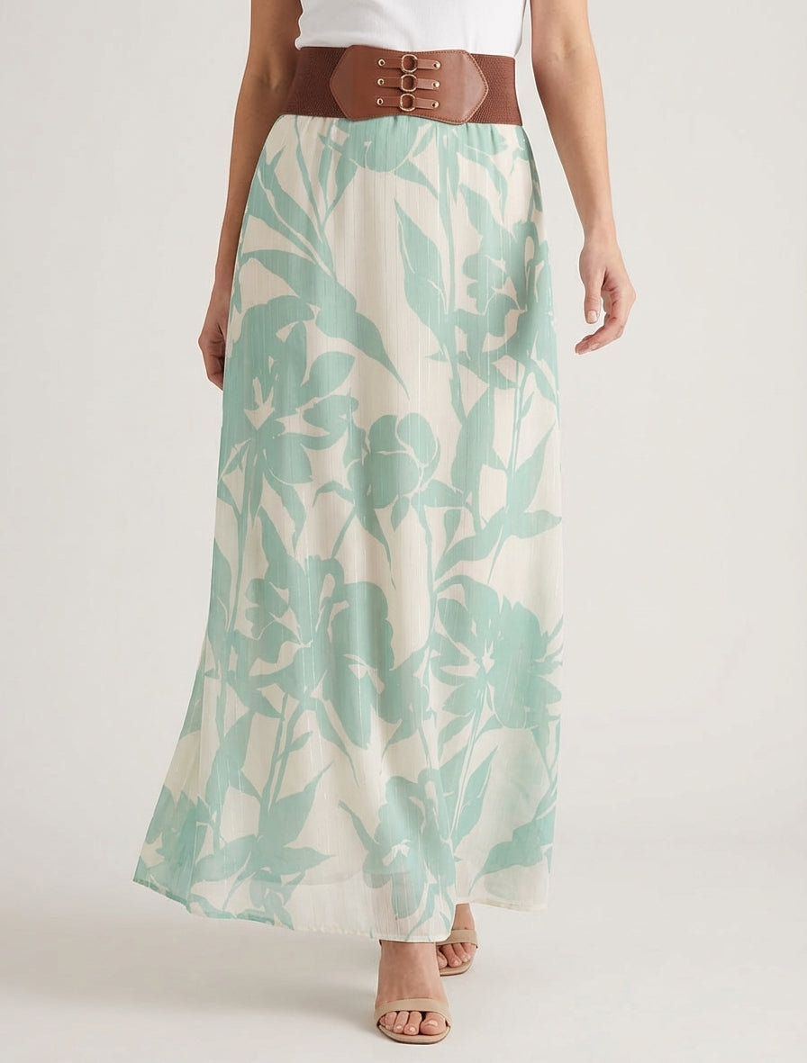 Falda larga estampado floral con rayas irisadas - Verde agua